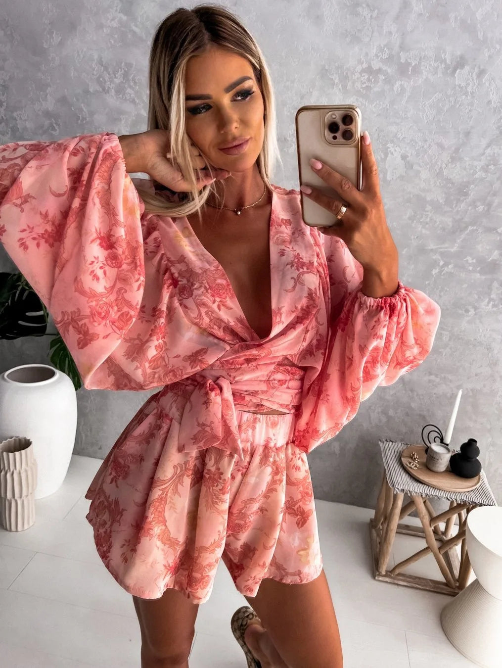 Spring Summer Boho Women Jumpsuit Fashion Deep V Neck Lantern Sleeve Casual Print Rompers Shorts Women's Elegant Jumpsuits New