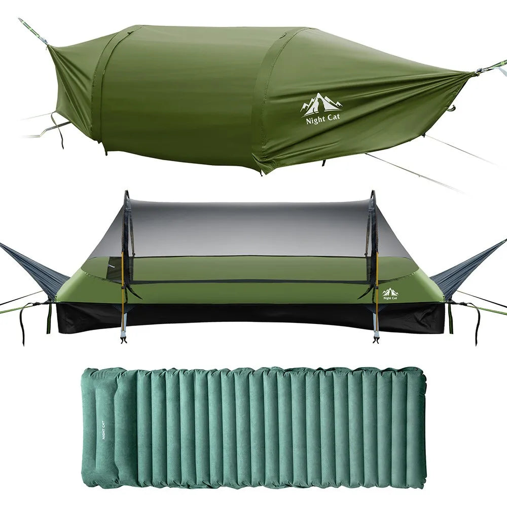 Night Cat Flat Lay Hammock Tent with Mosquito Net Sleeping Air Pad and Waterproof Rainfly for 1 Person Backpacking Hiking Camping Lightweight 330LBS 87x28x19in