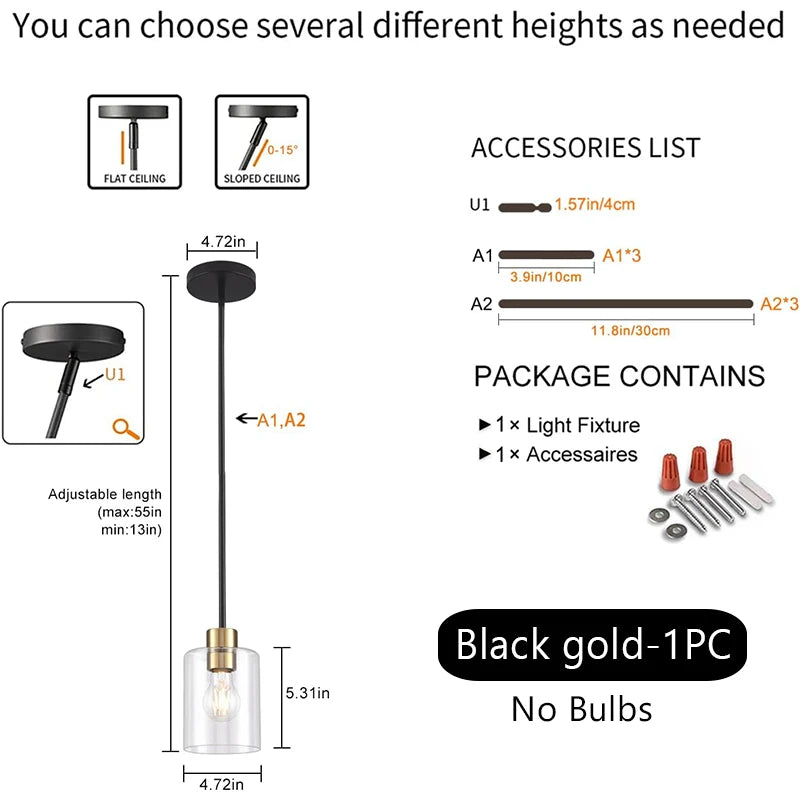 Modern Industrial Pendant Lamp Glass Hanging Adjustable Height Kitchen Dining Room Bedroom Bedside Bathroom Decor Lights