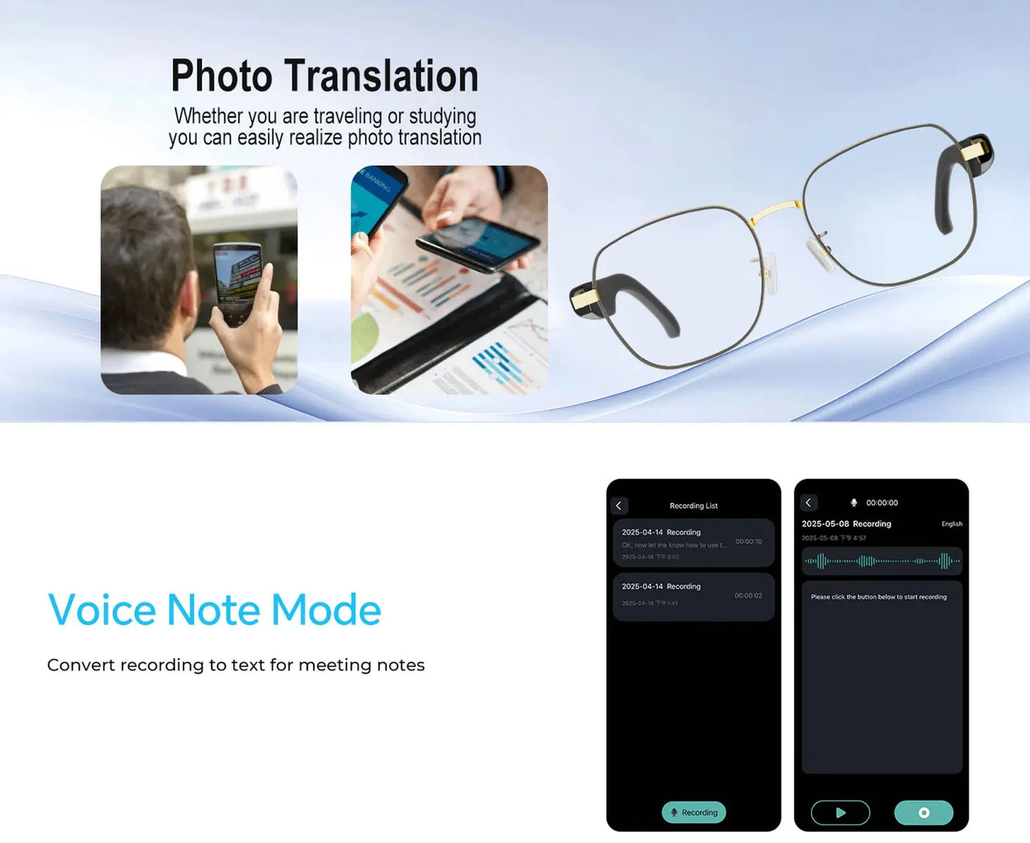Smart Audio Glasses with Real-Time Translation Hi-Fi Music Playback Noise-Cancelling Voice Calls And Photochromic Lenses