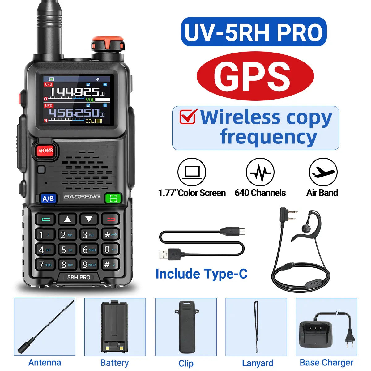 Baofeng UV-5RH PRO GPS Walkie Talkie Multi Band Wirless Copy Frequency NOAA Type-c Long Range UV-5R Tow Way Ham Radio
