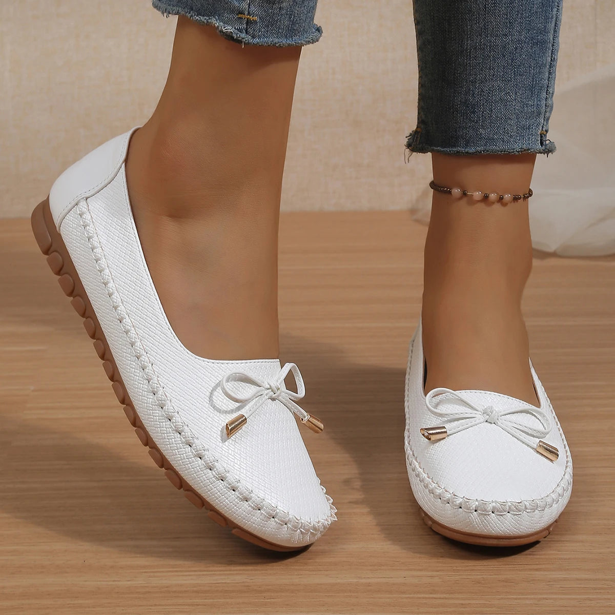 Goreyodoly Womens Casual Slip On Flats Woven Pattern Bow Breathable Lightweight Comfortable Daily Walking Shoes