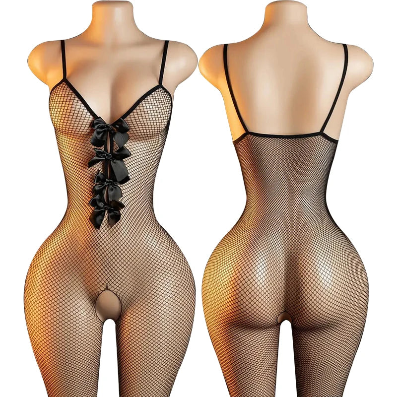 One Piece Pants Sexy Crotchless Bodysuits For Women Erotic Outfits Mesh Hollow Jumpsuits High Waist Elastic Bodystocking Rompers
