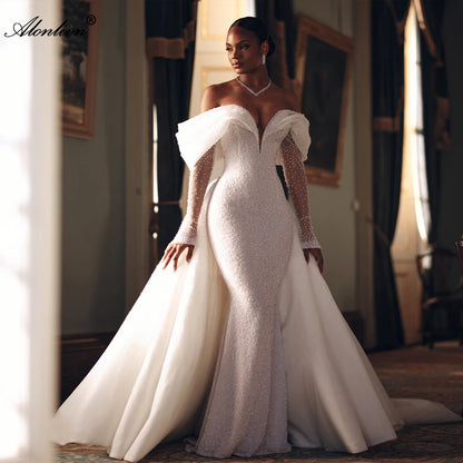 Alonlivn Custom Made Shiny Beading Pearls Mermaid Wedding Dresses Off-the-Shoulder Sleeves Removable Train 2 In 1 Bride Gowns