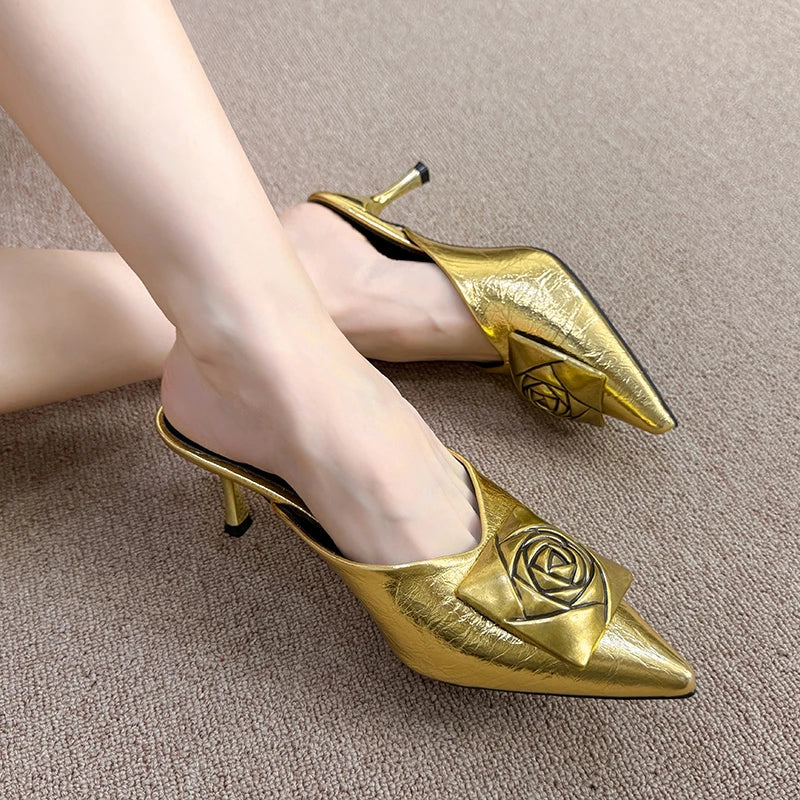 Women High Heels Slippers Summer New Luxury Fashion Gold Flower Decoration Modren Sandals Ladies Pointed Toe Mules Shoes Slides