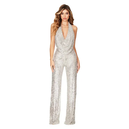 2026 Sequin Party Jumpsuit Women Sexy Club Glitter Overalls Rompers Bodysuit V-neck Long Pants Y2k Elegant Backless One Piece
