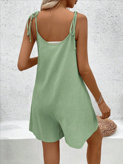 Women's spaghetti strap suspender shoulder short jumpsuit solid color loose wide leg jumpsuit summer casual beach style