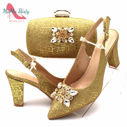 Fuchsia Color Italian Classics Design African Women Shoes and Bag Set High Quality with Shinning Crystal for Wedding Party