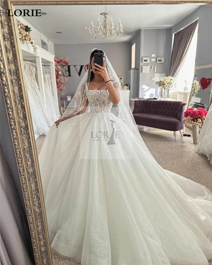 LORIE Luxury Lace Wedding Dresses A Line Square Neck Sleeveless Shiny Glitter Tulle Bride Dress Wedding Gowns Customize 2024