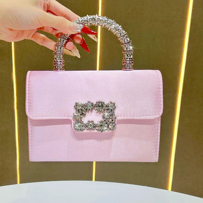 Rhinestone Faux Silk Emerald Evening Bag Silver Diamond Buckle Handle Fashion Handbags Elegant Ladies Square Bolsa Feminina