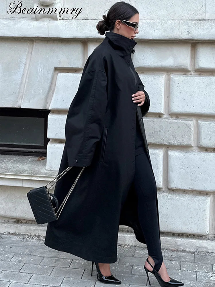 Women Black Long Solid Color Trench Coat Stand Collar Loose Drop Shoulder Single-breasted Windbreaker Lady Commute Outing Wear