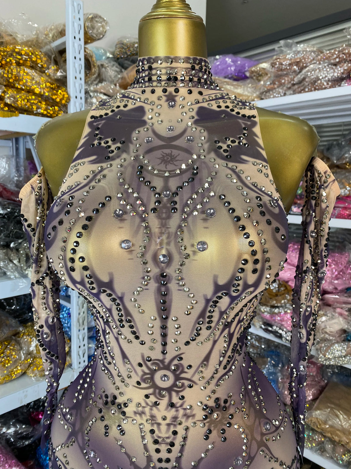 Sparkly Rhinestones Printed Mesh Bodycon Green Jumpsuits With Sleeves See Through Masquerade Costume Dress Night Club DJ Gogo