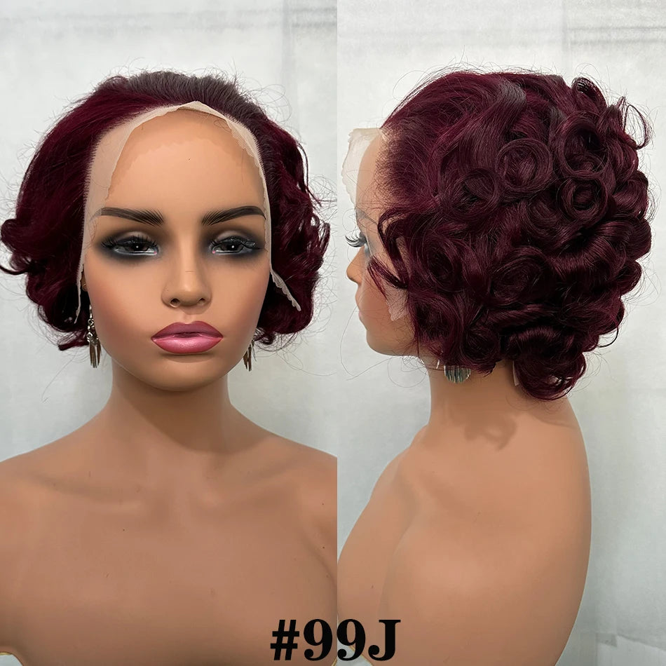 100% Human Hair Glueless Wigs 8" Short Loose Curly Glueless Pixie Cut 180% Density Brazilian Virgin Hair 13x4 Lace Frontal Wigs