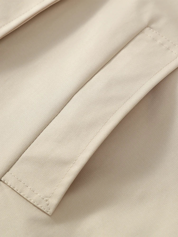 Women Khaki Long Color-block Stripe Trench Coat Wide Lapel Loose Drop Shoulder Blue Lining Slit Windbreaker Commute Outing Coats