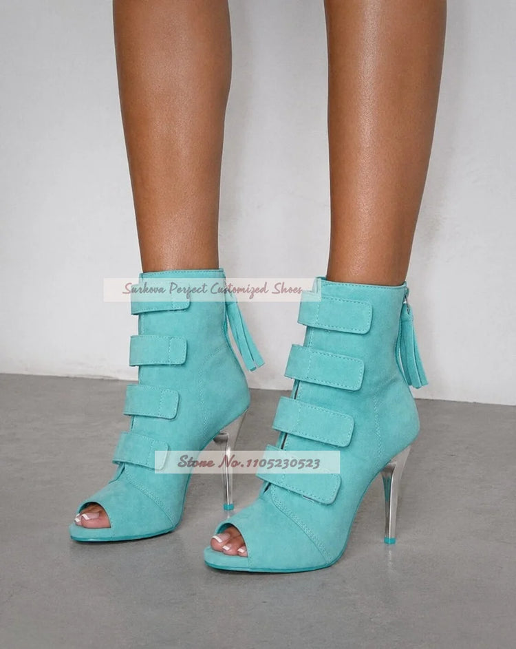 Turquoise Suede Silver Stiletto Heel Ankle Boots Open Toe Band Decor Sandal Booties Elegant Back Zipper Dress Shoes
