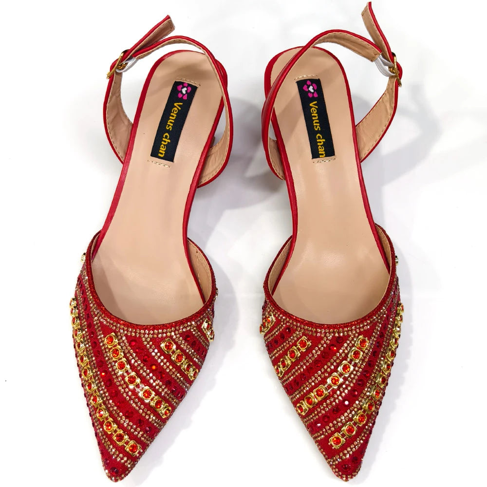 2025 Shiny Italian Fashion Pointed Toe Women Heel Fashion Rhinestone Decoration Fuchsia Color Shoes And Bag Set