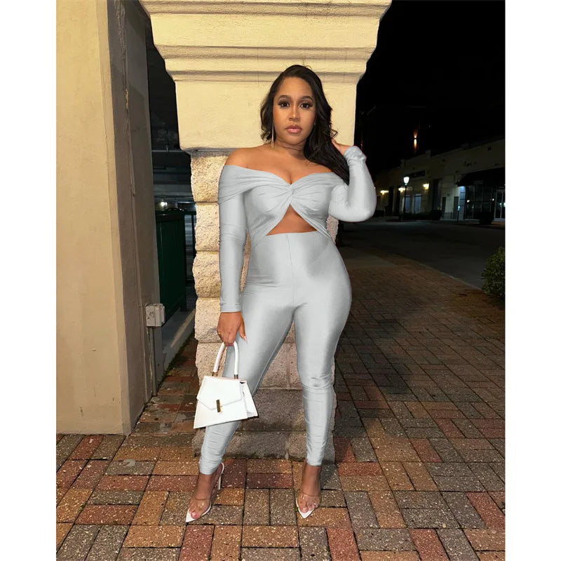 Sexy Off the Shoulder Birthday Jumpsuit for Women Night Club Outfit Party Hollow Out Ruched Skinny Long Sleeve Rompers Full Body