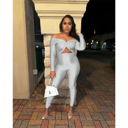 Sexy Off the Shoulder Birthday Jumpsuit for Women Night Club Outfit Party Hollow Out Ruched Skinny Long Sleeve Rompers Full Body