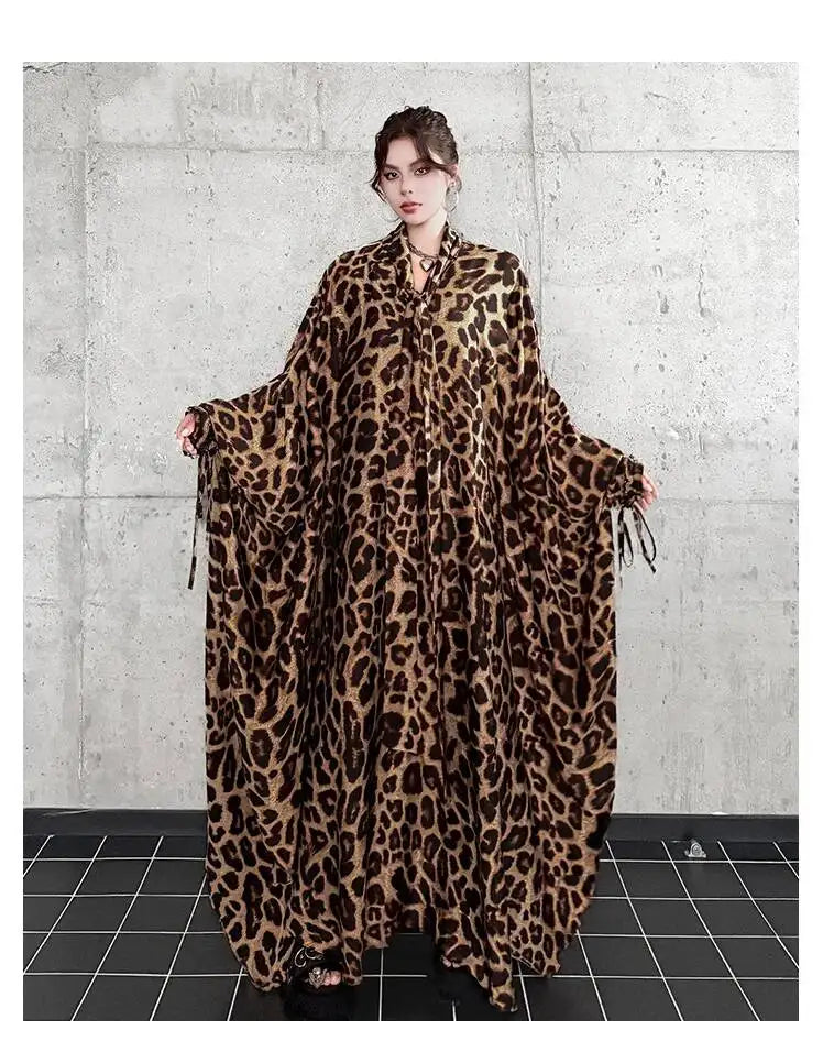 Leopard Print Loose Bat-sleeve Dress Women Summer Stand-up Collar Tie-waist Oversize Slimming Casual Long Dress XY420