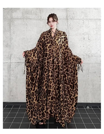 Leopard Print Loose Bat-sleeve Dress Women Summer Stand-up Collar Tie-waist Oversize Slimming Casual Long Dress XY420