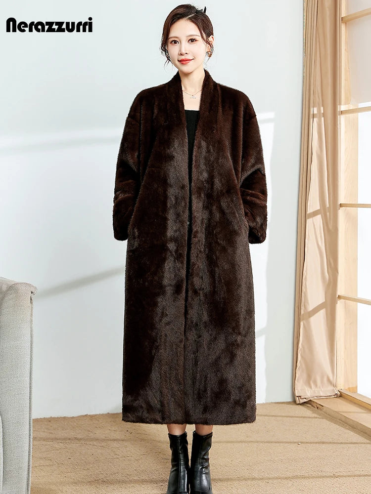 Nerazzurri Autumn Winter Long Brown Thick Warm Elegant Luxury Fluffy Faux Mink Fur Coat Women V Neck Sashes Chic Furry Overcoat