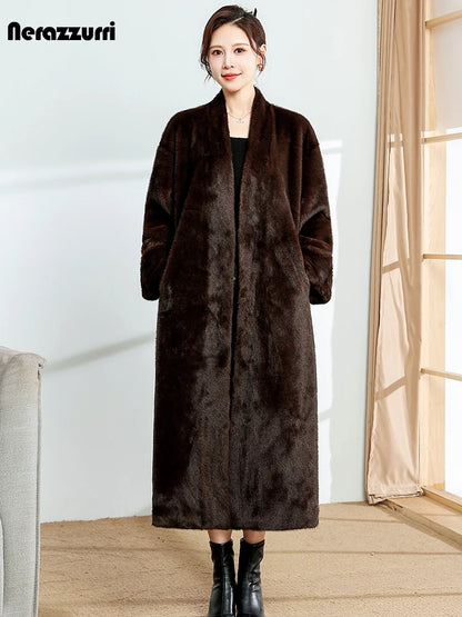 Nerazzurri Autumn Winter Long Brown Thick Warm Elegant Luxury Fluffy Faux Mink Fur Coat Women V Neck Sashes Chic Furry Overcoat