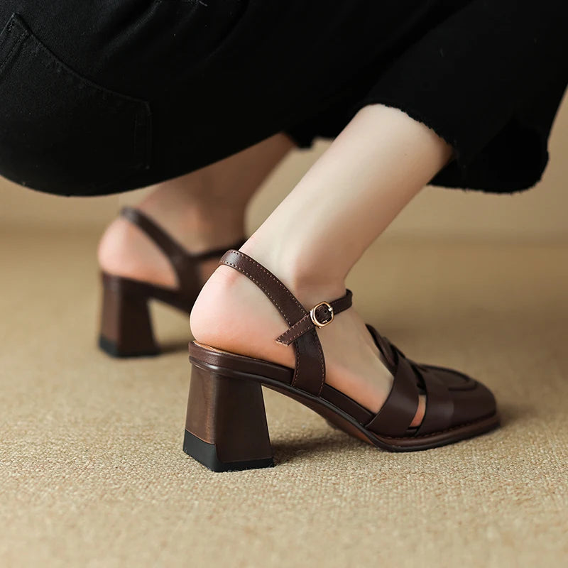 2026 New Size 34-43 Retro Genuine Leather Retro Sandals Woman Top Quality Ladies Buckle Summer Shoes Thick High Heels Sandals