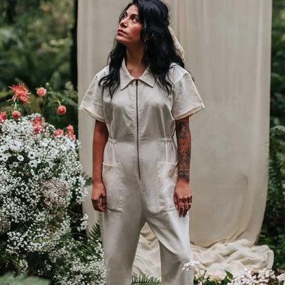 Summer Pocket Zipper Jumpsuit Women Fashion Pure Color Short Sleeve Jumpsuits For Women 2025 Casual One Piece Sets White