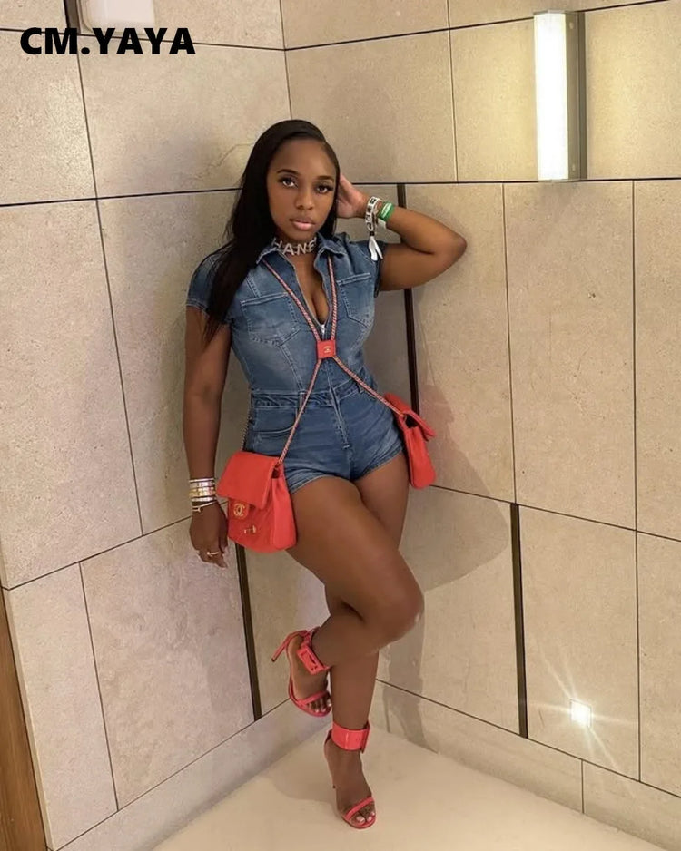 CM.YAYA Women Turn-down Collar Zipper Fly Short Sleeve Denim Jumpsuit 2025 Summer Chic Jeans Romper One Piece Set Playsuit