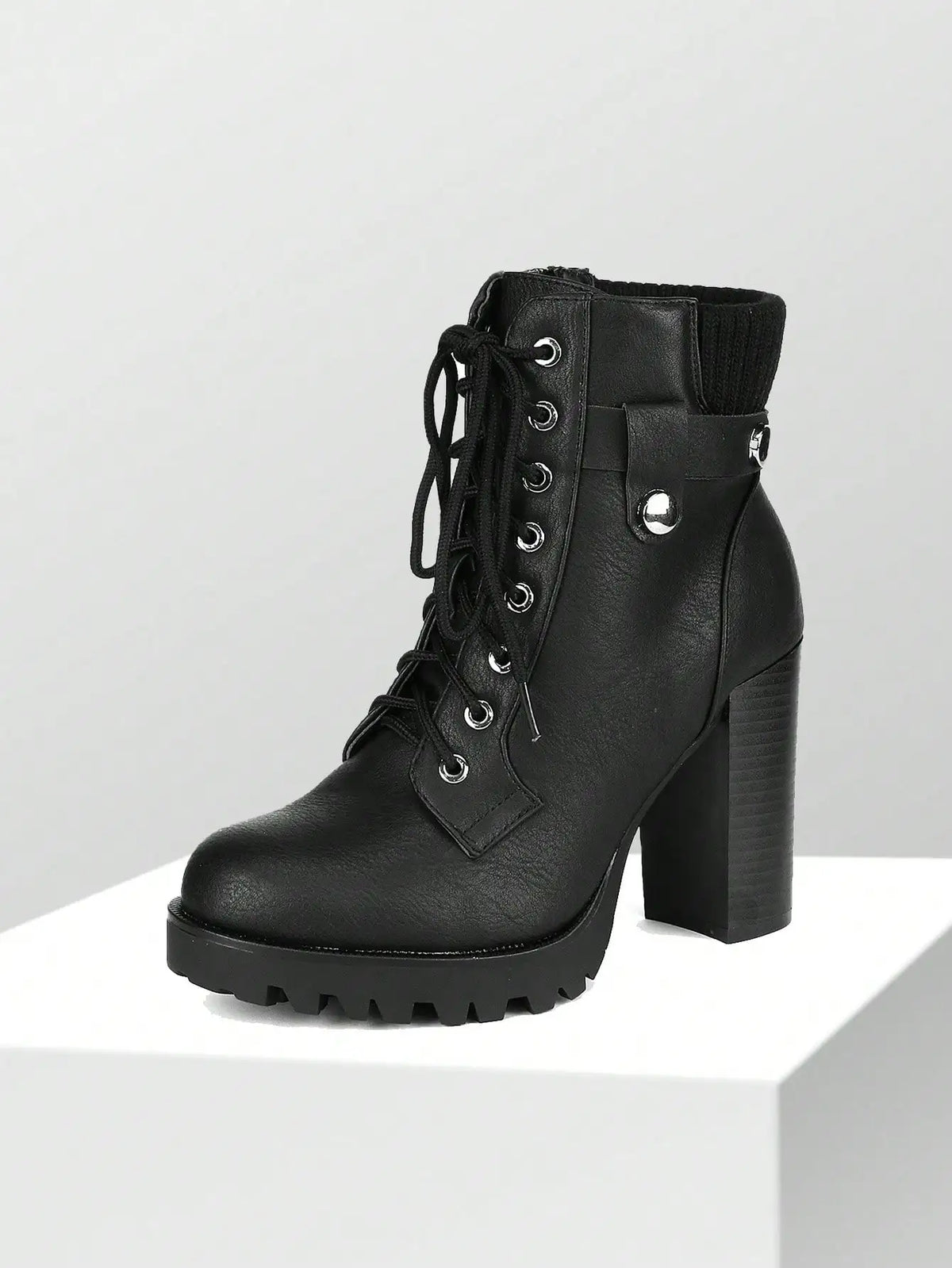 Women's Lace Up Combat Ankle Boots High Chunky Heel Fashion Heeled Booties Shoes Black Boots Ankle Boots