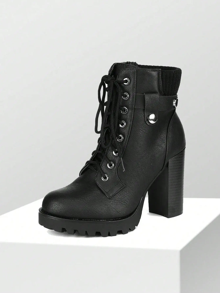 Women's Lace Up Combat Ankle Boots High Chunky Heel Fashion Heeled Booties Shoes Black Boots Ankle Boots