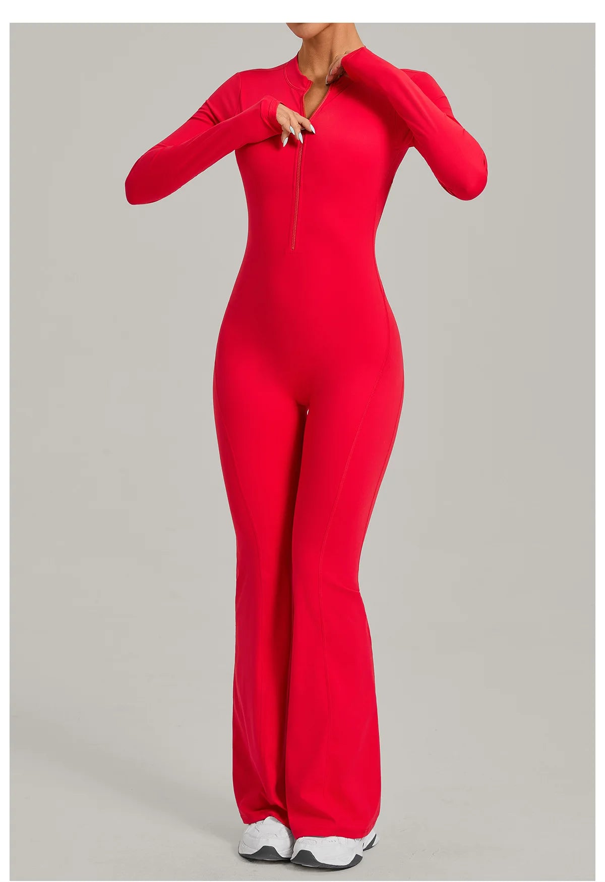 Women Long Sleeve Zip Yoga Bodysuit Cutout Back Scrunch Butt Lift Tummy Control Sweat Wicking Fabric Gym Workout Flare Jumpsuit