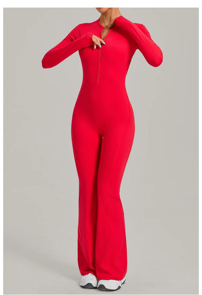 Women Long Sleeve Zip Yoga Bodysuit Cutout Back Scrunch Butt Lift Tummy Control Sweat Wicking Fabric Gym Workout Flare Jumpsuit