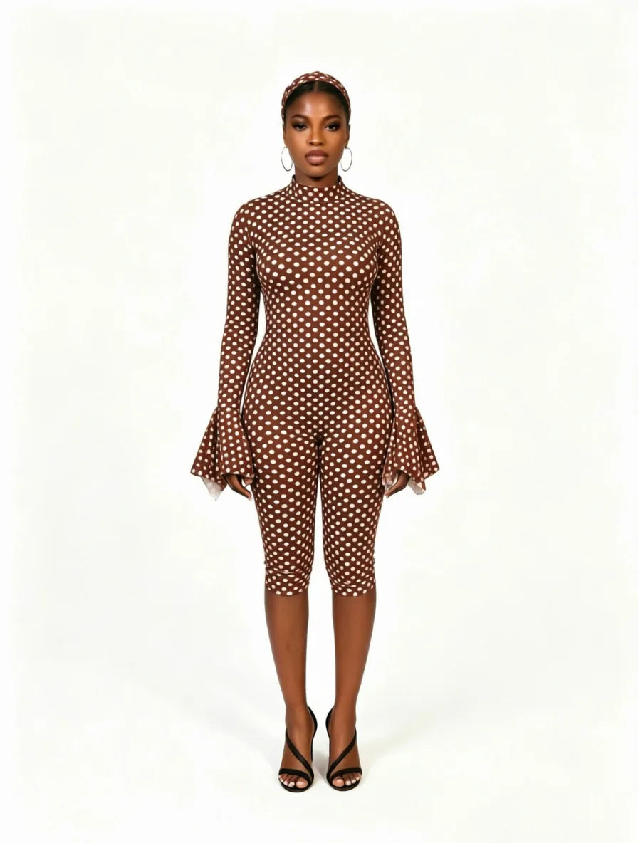FAGADOER New Polka Dot Jumpsuits Women Autumn Long Flare Sleeve Rompers with Headscraft Back Hollow Out Sexy Bodycon Streetwear