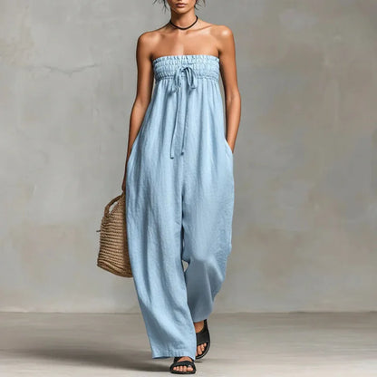 Bohemian Casual Solid Wide Leg Pants Jumpsuit Woman Spring Sexy Strapless Backless Hollow Rompers Summer Lace-up Draped Overalls