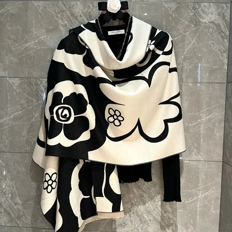 Elegant Women Flowers Soft Acrylic Cashmere Scarf Shawl Autumn Winter Neckerchief Spring Summer Travel Cape Long