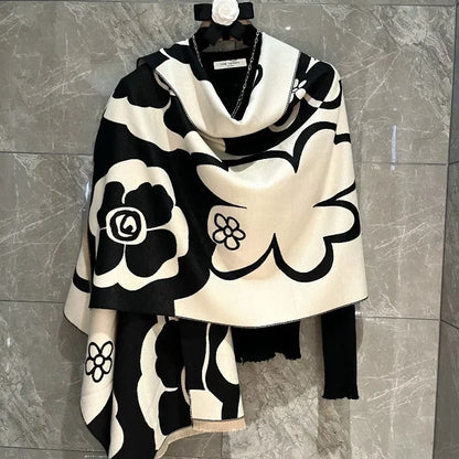 Elegant Women Flowers Soft Acrylic Cashmere Scarf Shawl Autumn Winter Neckerchief Spring Summer Travel Cape Long