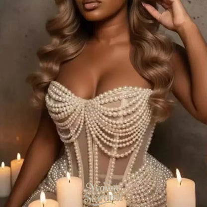 Yvonne Prom Dress Pearls Chain With Corset Birthday Formal Gowns See Through Bead Evening Dresses Customized