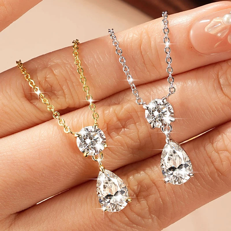 Celestinova 2.5ct GRA Pear Teardrop Moissanite Pendant Necklace Two-Stone Zircon 14K Gold Plated Jewelry for Women