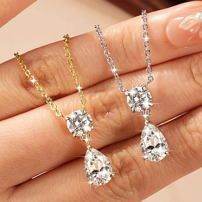 Celestinova 2.5ct GRA Pear Teardrop Moissanite Pendant Necklace Two-Stone Zircon 14K Gold Plated Jewelry for Women