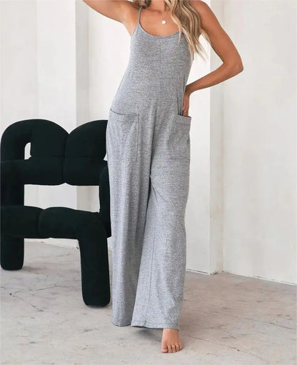 Plus Size Casual Sleeveless Jumpsuit Spaghetti Strap Loose Wide Leg Pocketed Beach Vacation Romper for Women