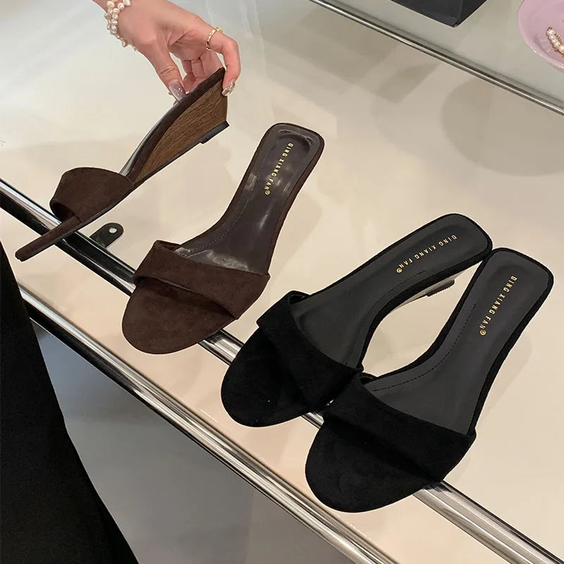 Flock Fashion Round Toe Women Wedges Slippers Sandals Shoes Luxury Female Slides Footwear Sexy Ladies Heeled Slippers Shoes