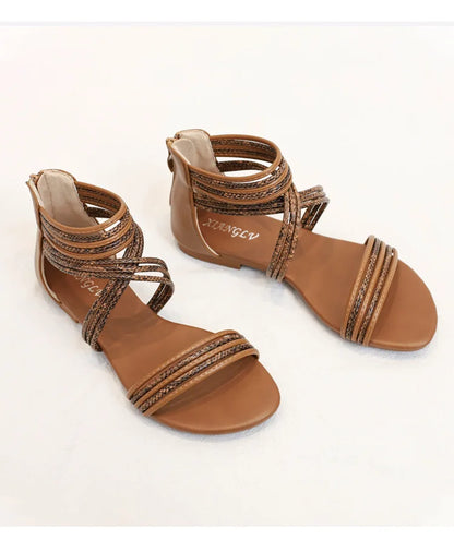 High quality leather flat sandals for women stripe zipper new summer 2026 36 42 open toe casual beach shoe black khaki brown