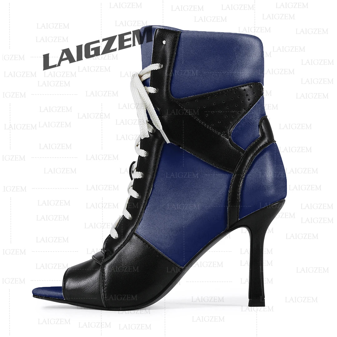 LAIGZEM Women Ankle Boots Patchwork Peep Toe Thin High Heels Boots Lace up Short Boos Ladies Handmade Shoes Woman Size 39 41 43