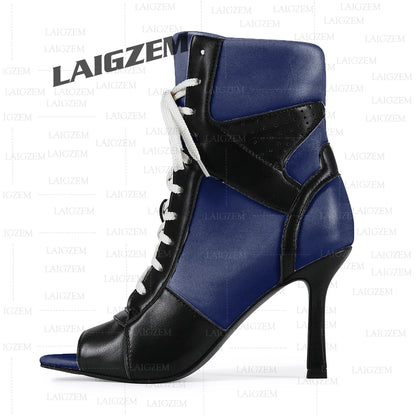 LAIGZEM Women Ankle Boots Patchwork Peep Toe Thin High Heels Boots Lace up Short Boos Ladies Handmade Shoes Woman Size 39 41 43