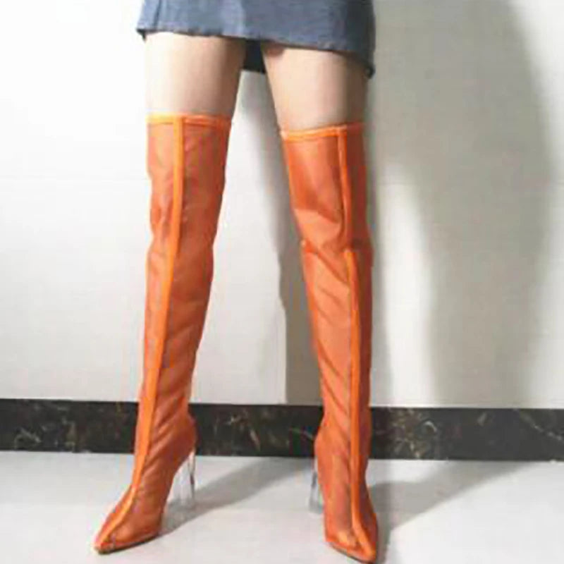 New Mesh Neon Green Sandal Boots Women Sexy Over The Knee Boots Pointed Toe High Heels Party Shoes Woman Thigh High Boots