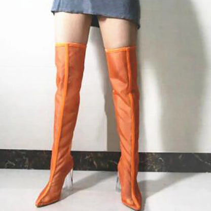 New Mesh Neon Green Sandal Boots Women Sexy Over The Knee Boots Pointed Toe High Heels Party Shoes Woman Thigh High Boots