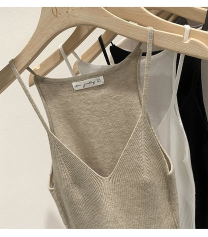 2026 Women Summer Style Sleeveless Vest Solid Color Slim Fit V Neck Knitted Top Fashionable Versatile Base Layer Knit Tank Tops