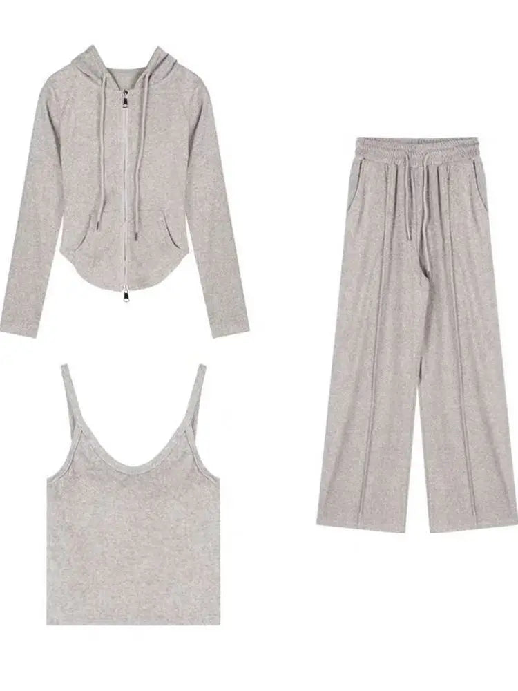 Casual Sportswear Women's Spring Autumn Three-Piece Set Slimming Fashionable Jacket Vest Wide Leg Pants for Short Women