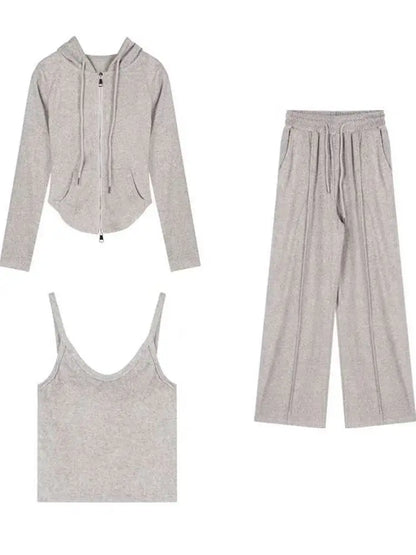 Casual Sportswear Women's Spring Autumn Three-Piece Set Slimming Fashionable Jacket Vest Wide Leg Pants for Short Women